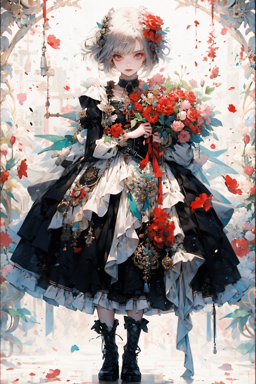 1girl, solo, looking at viewer, bangs, simple background, hair ornament, long sleeves, white background, dress, holding, closed mouth, standing, full body, flower, grey hair, boots, frills, puffy sleeves, belt, black footwear, black dress, grey eyes, petals, rose, frilled dress, red flower, red rose, bouquet, joints, grey dress, mechanical arms