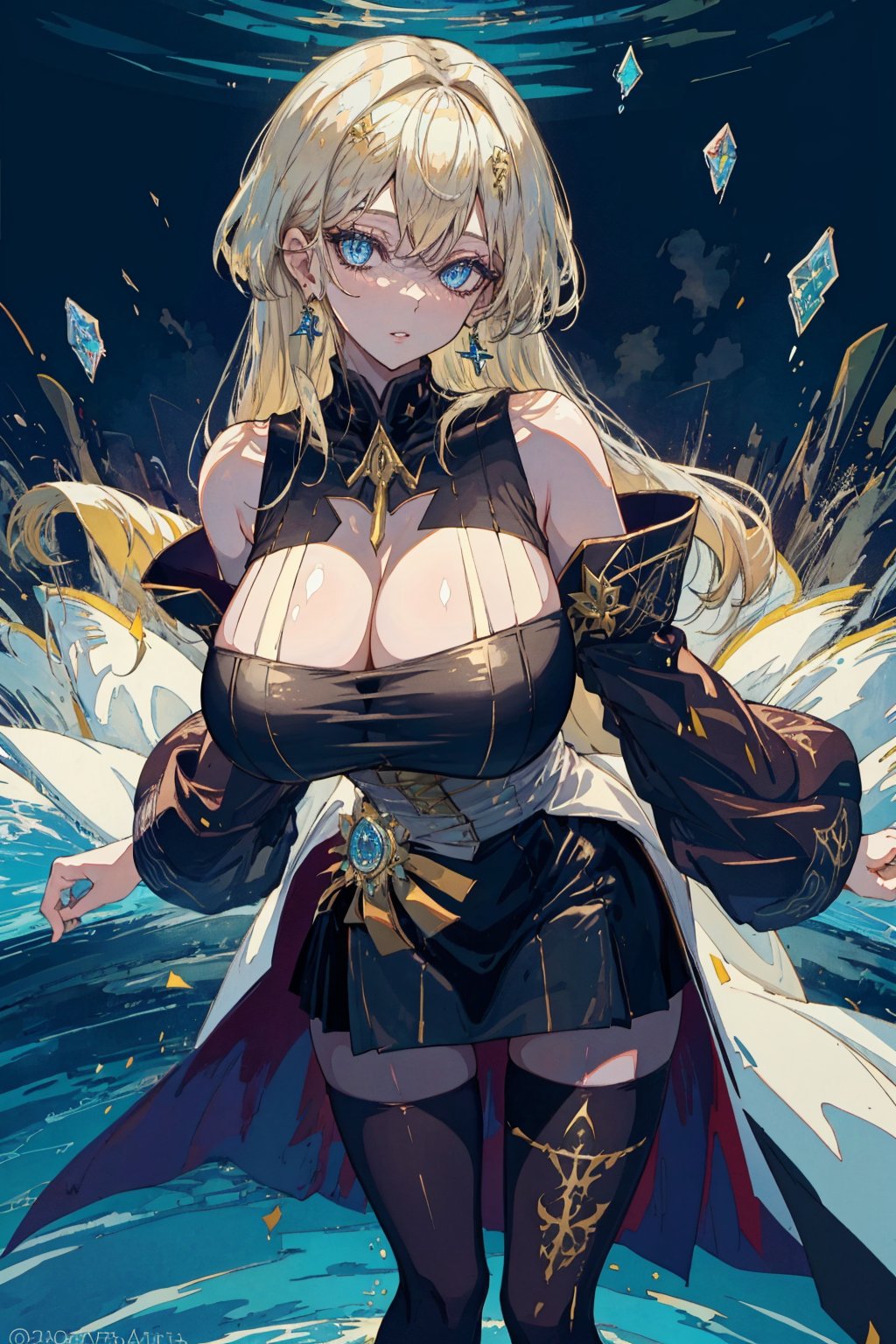 1girl, solo, long hair, breasts, looking at viewer, blue eyes, blonde hair, large breasts, thighhighs, long sleeves, dress, cleavage, bare shoulders, jewelry, standing, pantyhose, earrings, parted lips, detached sleeves, wide sleeves, black dress, halterneck, watermark