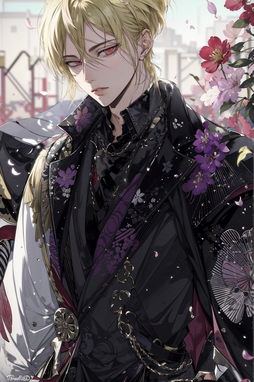(Tall young handsome man, blonde, red eyes, glowing eyes, levi ackerman hairstyle,) line drawing , floral, fantasy, white background, HD, anime, watercolor, ink, flowers & blossoms, golden hour, bokeh, ambient environment, epic, 4k, beautiful landscape, centered, full picture