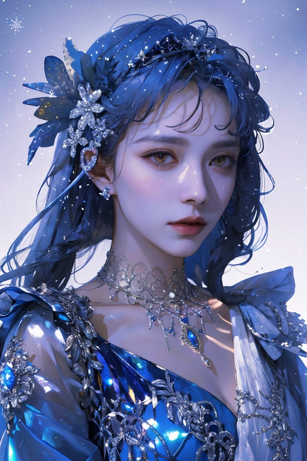 8k, (absurdres, highres, ultra detailed), (1lady), blue theme, snowflakes, looking at viewer, colorful hair, jewelry, close up, ultra high res, deep shadow,(best quality, masterpiece), dimly lit, shade,highly detailed, bold makeup, flower, simple background, depth of field, film grain, fashion_girl, accessories,High detailed