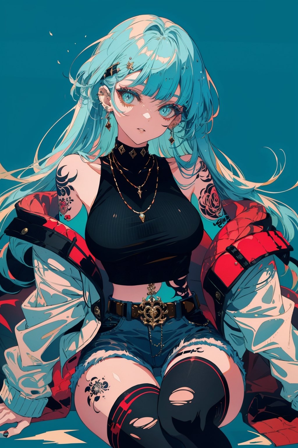 1girl, solo, long hair, breasts, looking at viewer, bangs, blue eyes, black hair, thighhighs, long sleeves, jewelry, sitting, closed mouth, blue hair, jacket, multicolored hair, earrings, open clothes, shorts, choker, midriff, belt, black thighhighs, blunt bangs, necklace, off shoulder, two-tone hair, open jacket, lips, crop top, head tilt, torn clothes, aqua hair, tattoo, makeup, blue background, piercing, tank top, denim, yellow jacket,portrait