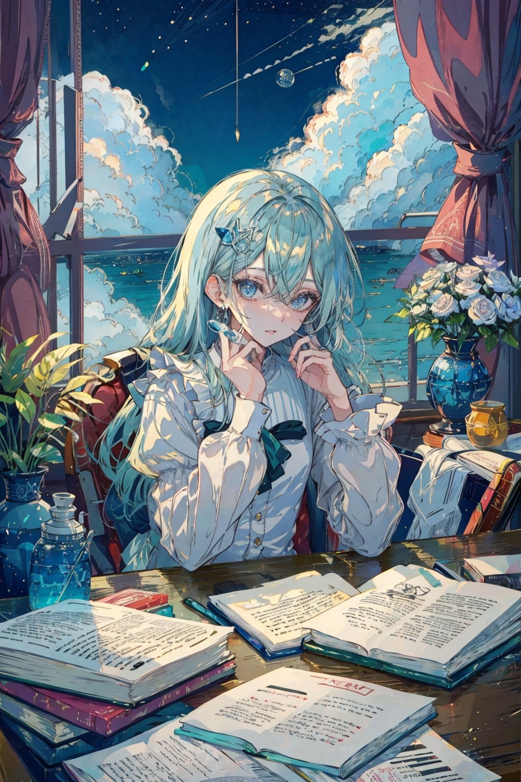 1girl, solo, long hair, looking at viewer, bangs, blue eyes, shirt, hair ornament, long sleeves, holding, hair between eyes, sitting, very long hair, white shirt, frills, parted lips, green hair, sky, day, cloud, indoors, bag, tree, book, window, aqua hair, chair, table, curtains, frilled sleeves, bookshelf, jar, flask, globe,portrait