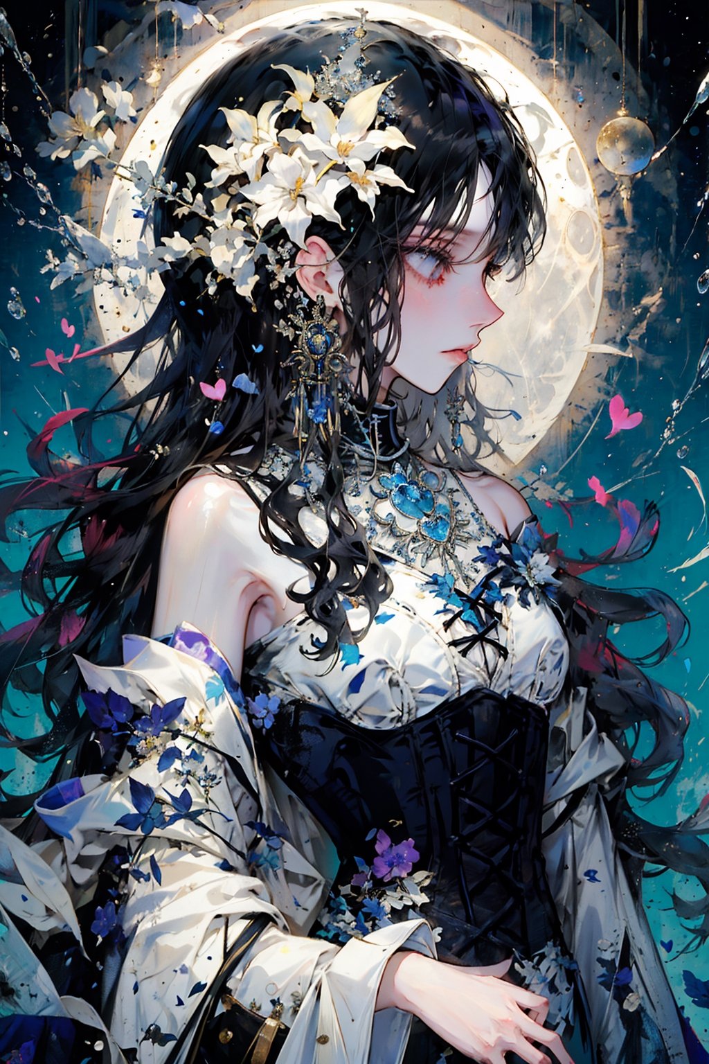 1girl, solo, long hair, black hair, dress, bare shoulders, sexy eyes, flower, heart, water, profile, floating hair, watermark, moon, corset, waves