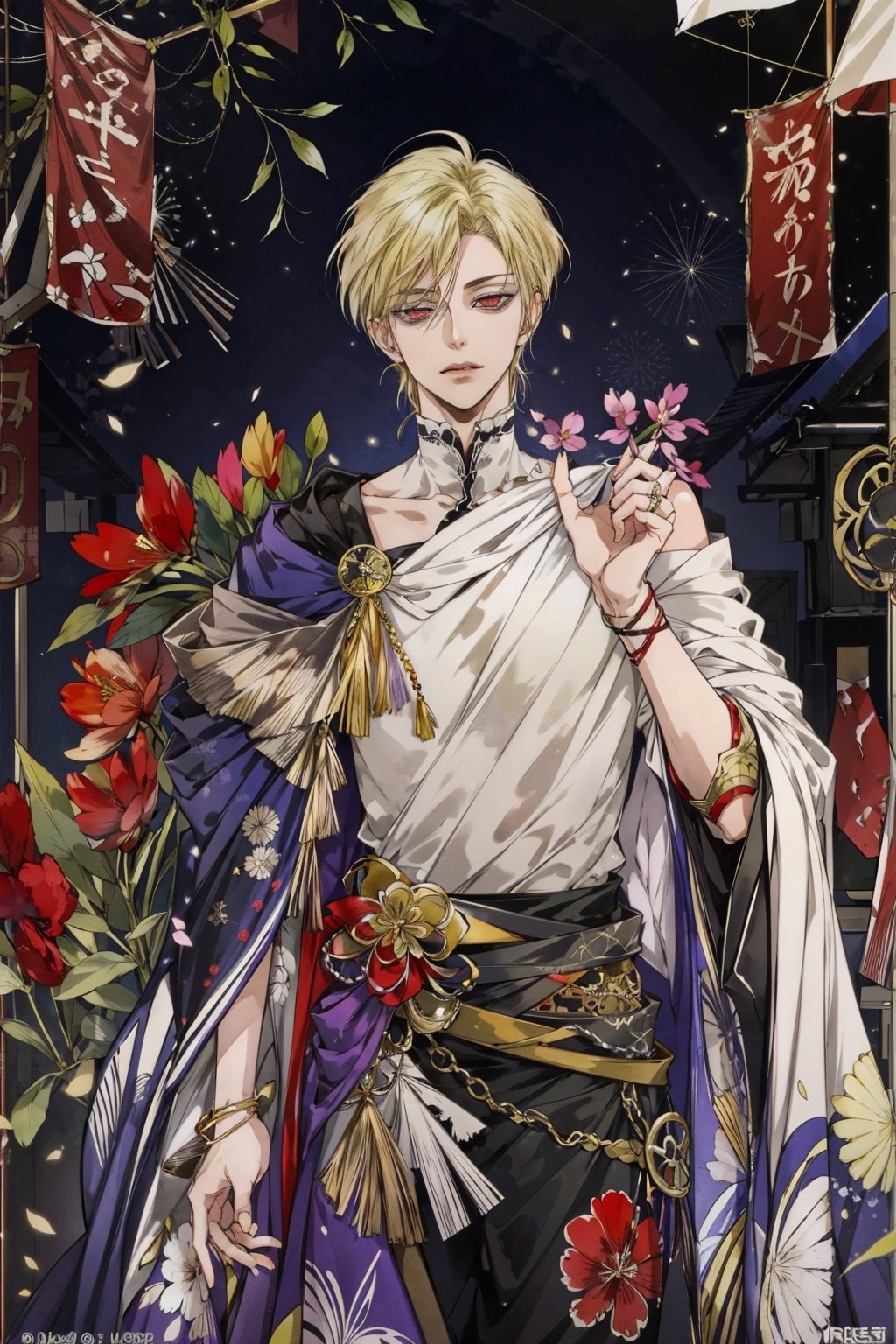 (Tall young handsome man, blonde, red eyes, glowing eyes, levi ackerman hairstyle,) line drawing , floral, fantasy, white background, HD, anime, watercolor, ink, flowers & blossoms, golden hour, bokeh, ambient environment, epic, 4k, beautiful landscape, centered, full picture