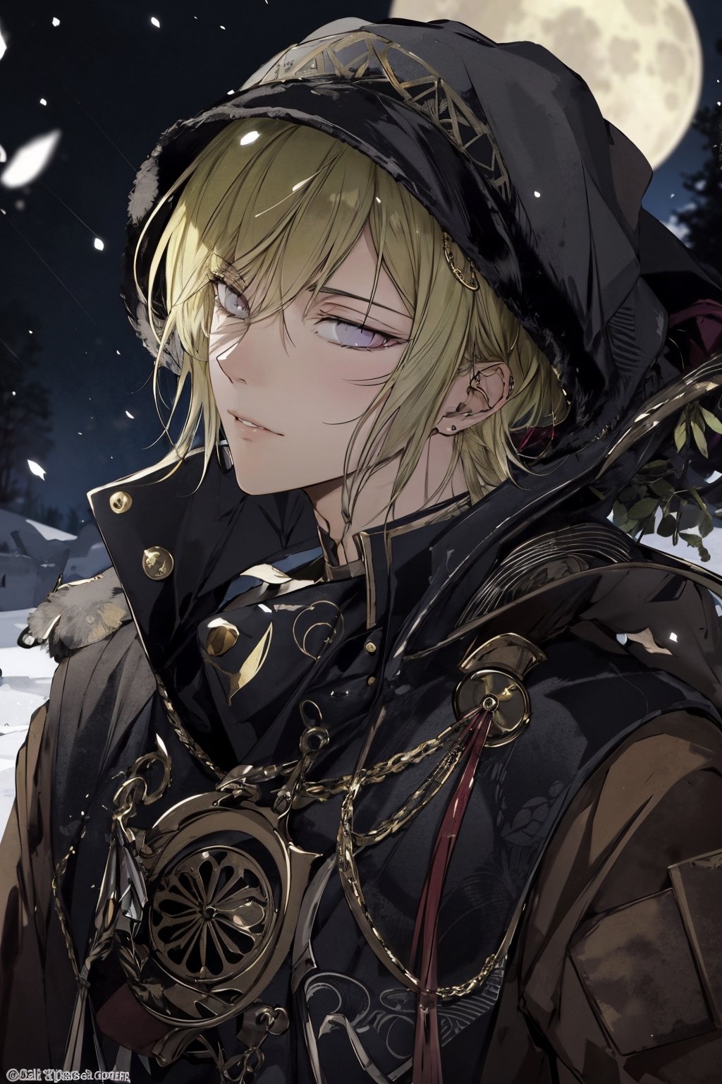 (grey eyes, short hair), alphonse mucha, masterpiece, best quality, ultra detailed, highly detailed, perfect face, 1 man, short hair, white hair, yellow eyes (perfect male body), wearing a brown winter jacket, wearing an ushanka, dark colors, night, in the snow, moon stars in the sky,mmcsuou