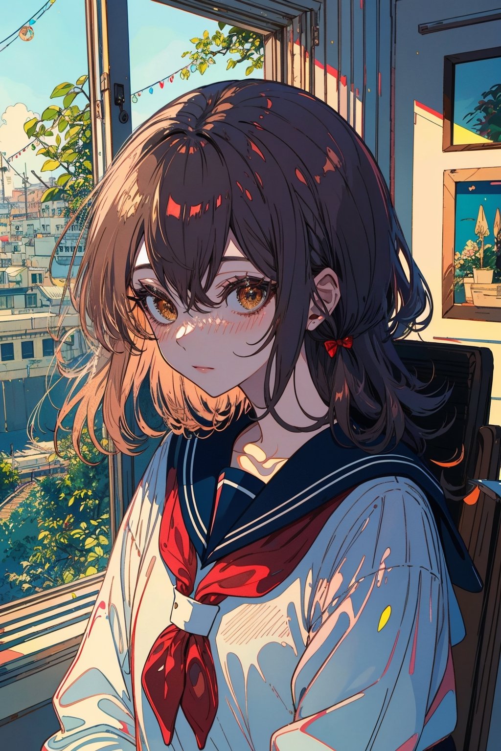 1girl, solo, long hair, looking at viewer, blush, bangs, brown hair, shirt, black hair, bow, ribbon, brown eyes, closed mouth, school uniform, white shirt, upper body, serafuku, indoors, sailor collar, black eyes, lips, neckerchief, window, blue sailor collar, red neckerchief,portrait