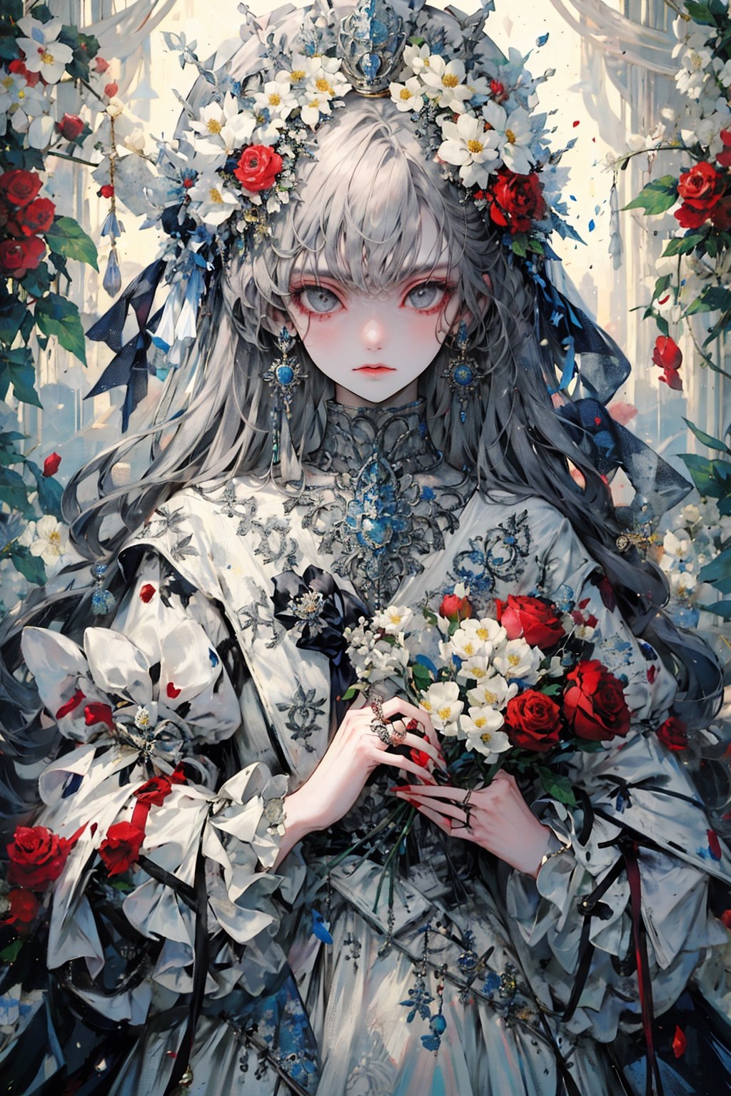 1girl, solo, long hair, looking at viewer, bangs, hair ornament, long sleeves, holding, jewelry, closed mouth, upper body, flower, grey hair, earrings, frills, hair flower, wide sleeves, coat, grey eyes, rose, ring, crown, white flower, frilled sleeves, red flower, red rose, bouquet, holding flower, white rose, holding bouquet