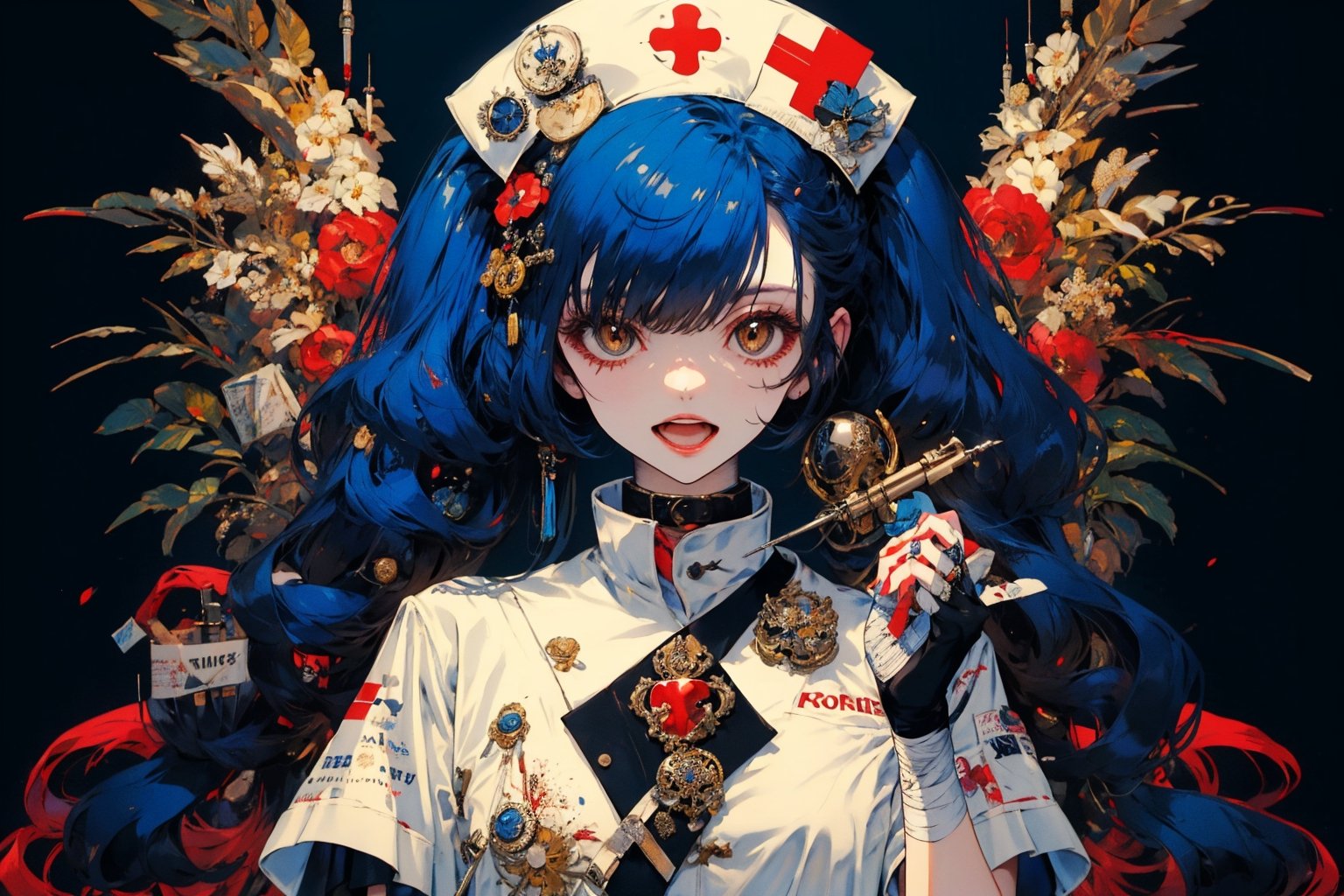 1girl, solo, long hair, breasts, looking at viewer, smile, open mouth, bangs, simple background, gloves, hat, dress, holding, animal ears, twintails, brown eyes, medium breasts, blue hair, full body, short sleeves, :d, belt, white gloves, bag, white dress, hair over one eye, blood, bandages, short dress, eyepatch, black background, bandaged arm, nurse cap, nurse, bandaged leg, erune, syringe, oversized object, bandage over one eye, holding syringe, red cross, intravenous drip, blood bag