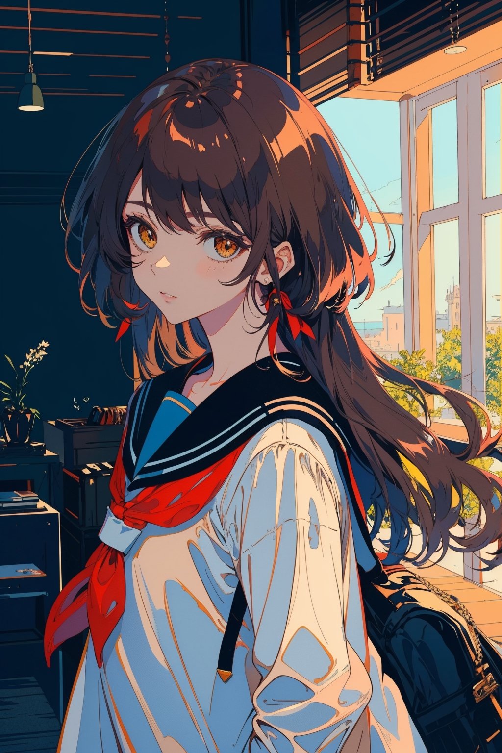 1girl, solo, long hair, looking at viewer, blush, bangs, brown hair, shirt, black hair, bow, ribbon, brown eyes, closed mouth, school uniform, white shirt, upper body, serafuku, indoors, sailor collar, black eyes, lips, neckerchief, window, blue sailor collar, red neckerchief,portrait,illustration,fcloseup,MALE