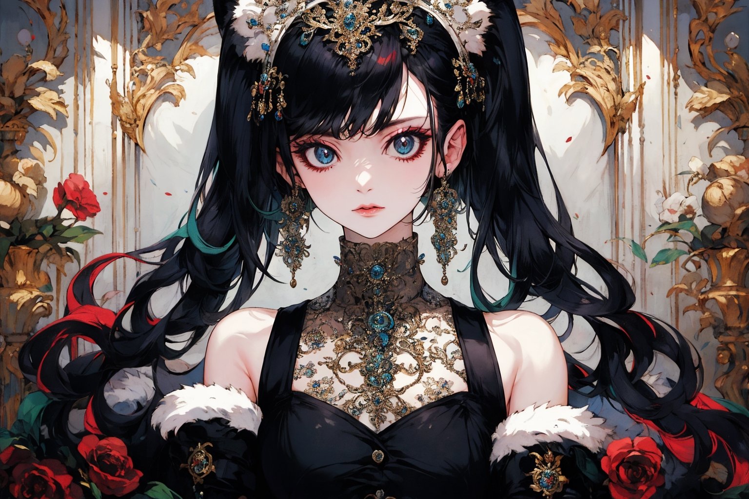 1girl, solo, long hair, breasts, looking at viewer, bangs, black hair, gloves, animal ears, bare shoulders, twintails, jewelry, closed mouth, upper body, multicolored hair, earrings, detached sleeves, black gloves, elbow gloves, indoors, lips, fur trim, maid headdress, on bed,portrait