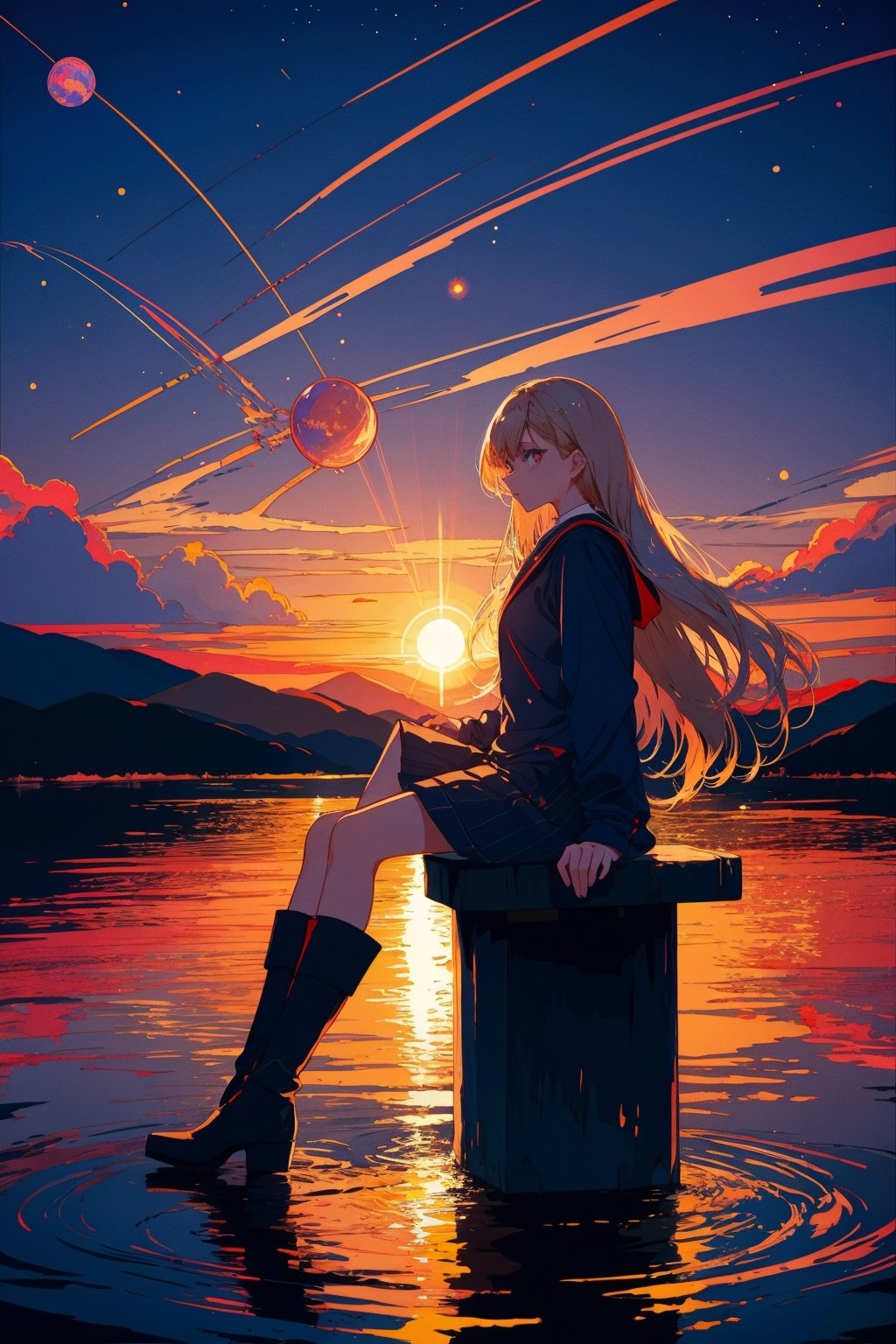 1girl, solo, long hair, blonde hair, sitting, boots, sky, cloud, star \(sky\), scenery, reflection, sunset, planet, globe