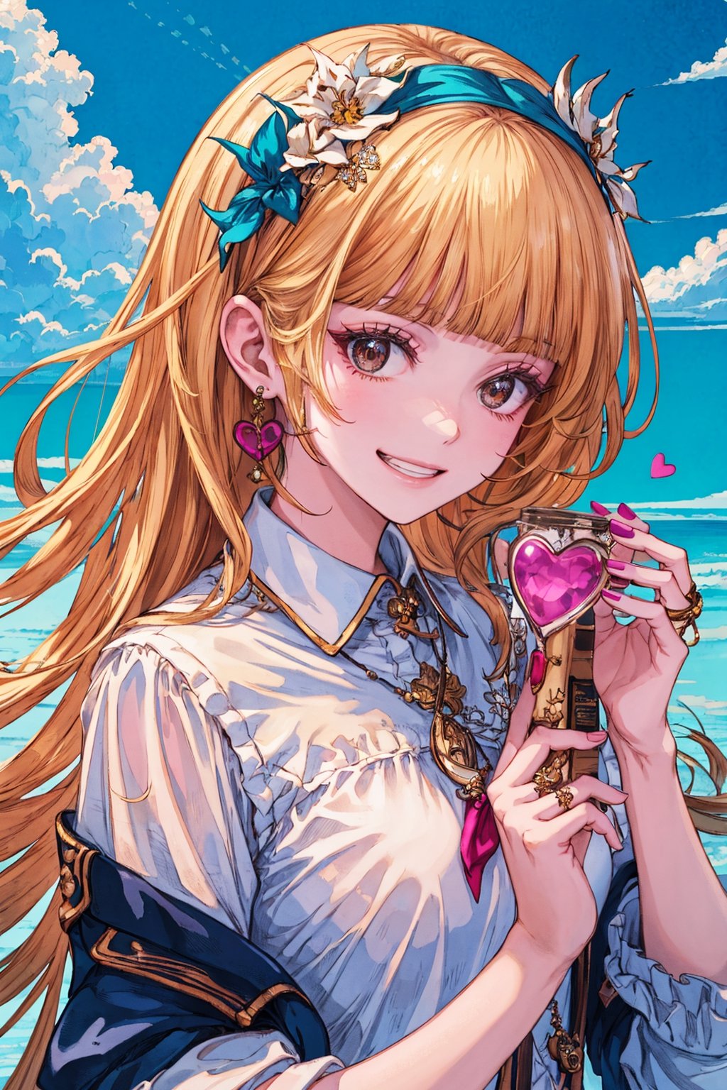 1girl, solo, long hair, looking at viewer, smile, bangs, blonde hair, shirt, holding, brown eyes, jewelry, white shirt, upper body, heart, hairband, earrings, teeth, blunt bangs, grin, lips, animal, cat, holding animal,masterpiece, outdoor, sunshine, cloud,