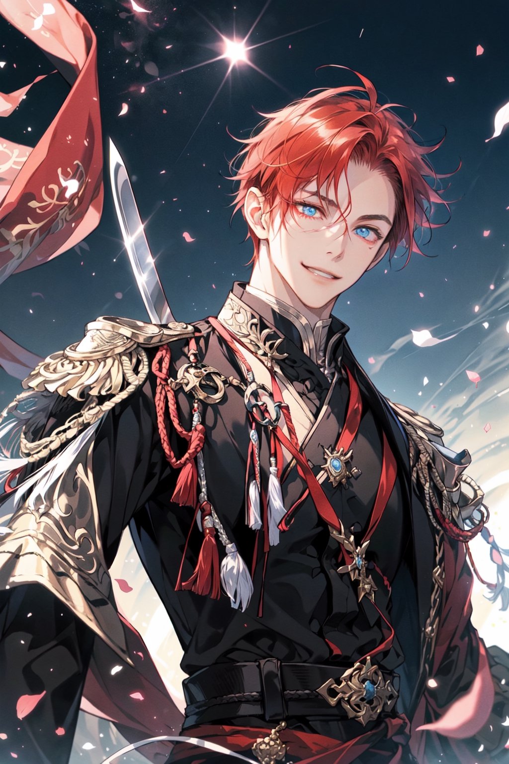 boy, red_hair, light_blue_eye, happy_face, swordsman,AOTSalute,1boy,male, flight