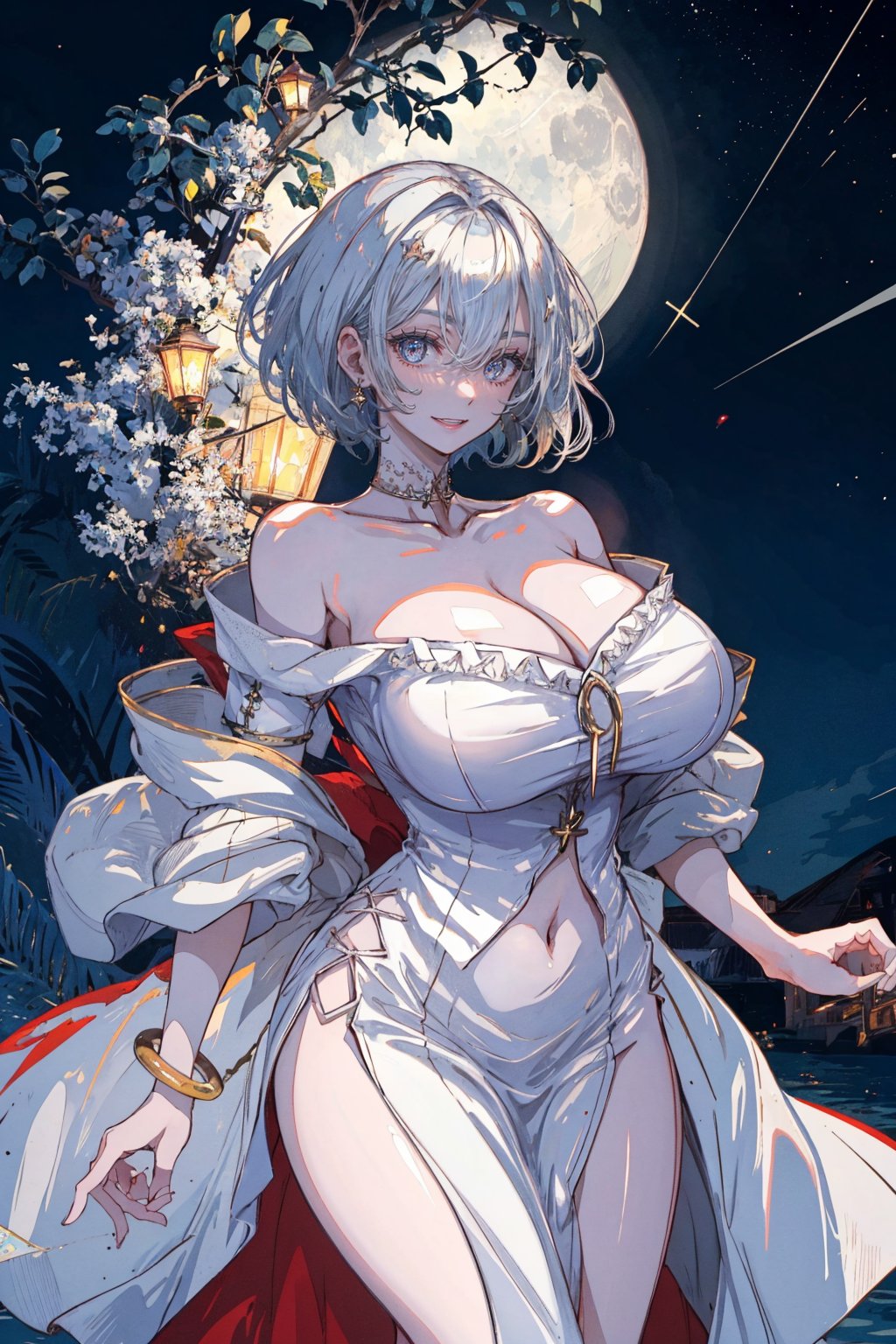 1girl, solo, breasts, looking at viewer, short hair, bangs, blue eyes, large breasts, red eyes, dress, cleavage, bare shoulders, jewelry, medium breasts, closed mouth, standing, collarbone, white hair, thighs, outdoors, sky, hand up, off shoulder, black dress, bracelet, covered navel, night, heterochromia, moon, cross, night sky, full moon, side slit, off-shoulder dress