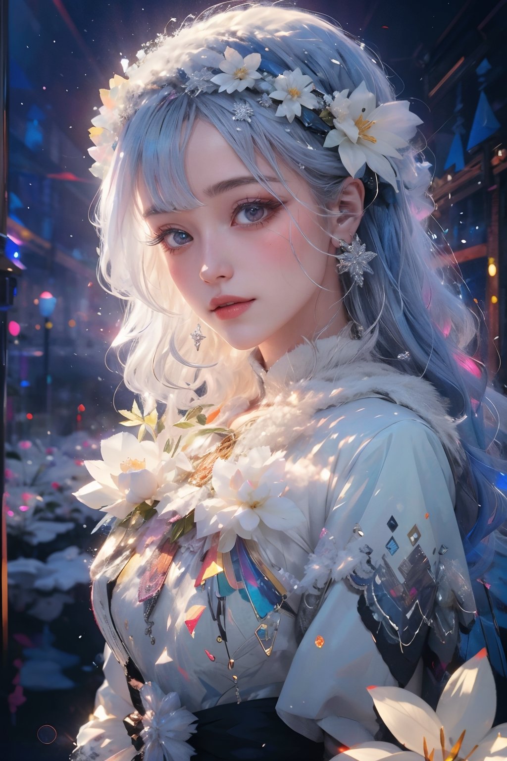 8k, (absurdres, highres, ultra detailed), (1lady), EpicArt, ( photorealistic:1.37), 1 snow goddess, surrounded by white flowers and snow, wearing a gorgeous white dress with detailed ornaments on her head, extremely detailed, high quality skirt white hair, long hair, (no animal),Beautiful frost frost yellow winter queen soft Hawaiian flowers hyperdetailed portrait 8k Claude Monet, (((rainbowish))).,glitter