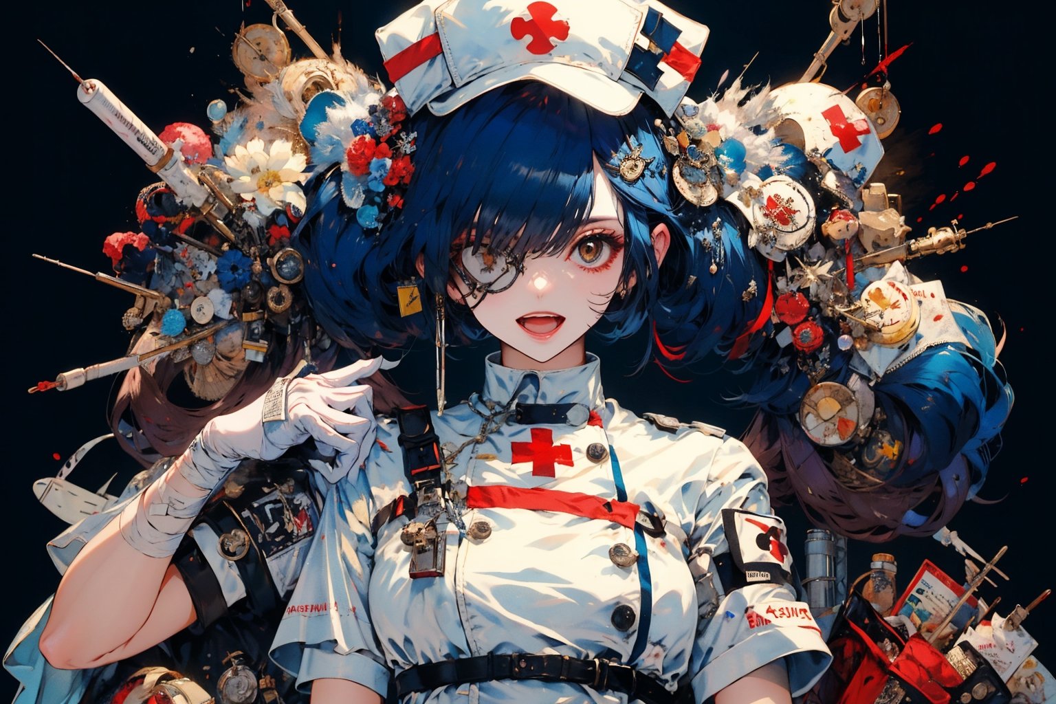 1girl, solo, long hair, breasts, looking at viewer, smile, open mouth, bangs, simple background, gloves, hat, dress, holding, animal ears, twintails, brown eyes, medium breasts, blue hair, full body, short sleeves, :d, belt, white gloves, bag, white dress, hair over one eye, blood, bandages, short dress, eyepatch, black background, bandaged arm, nurse cap, nurse, bandaged leg, erune, syringe, oversized object, bandage over one eye, holding syringe, red cross, intravenous drip, blood bag