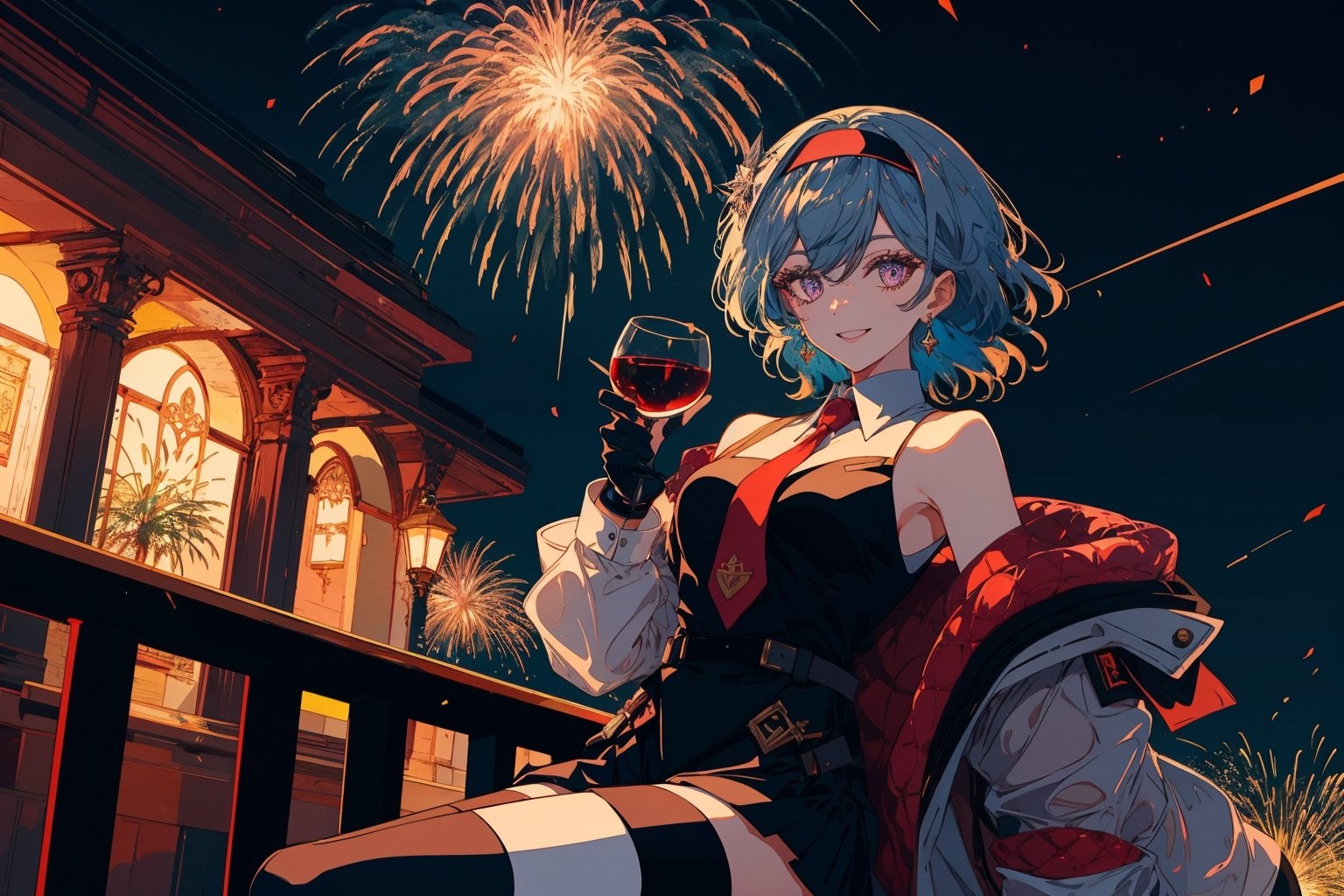 1girl, solo, breasts, looking at viewer, smile, bangs, hair ornament, thighhighs, gloves, long sleeves, holding, sitting, blue hair, purple eyes, hairband, necktie, sky, black gloves, black thighhighs, medium hair, cup, clothing cutout, night, black hairband, night sky, holding cup, alcohol, drinking glass, blue necktie, railing, vision \(genshin impact\), wine glass, shoulder cutout, fireworks, eula \(genshin impact\)