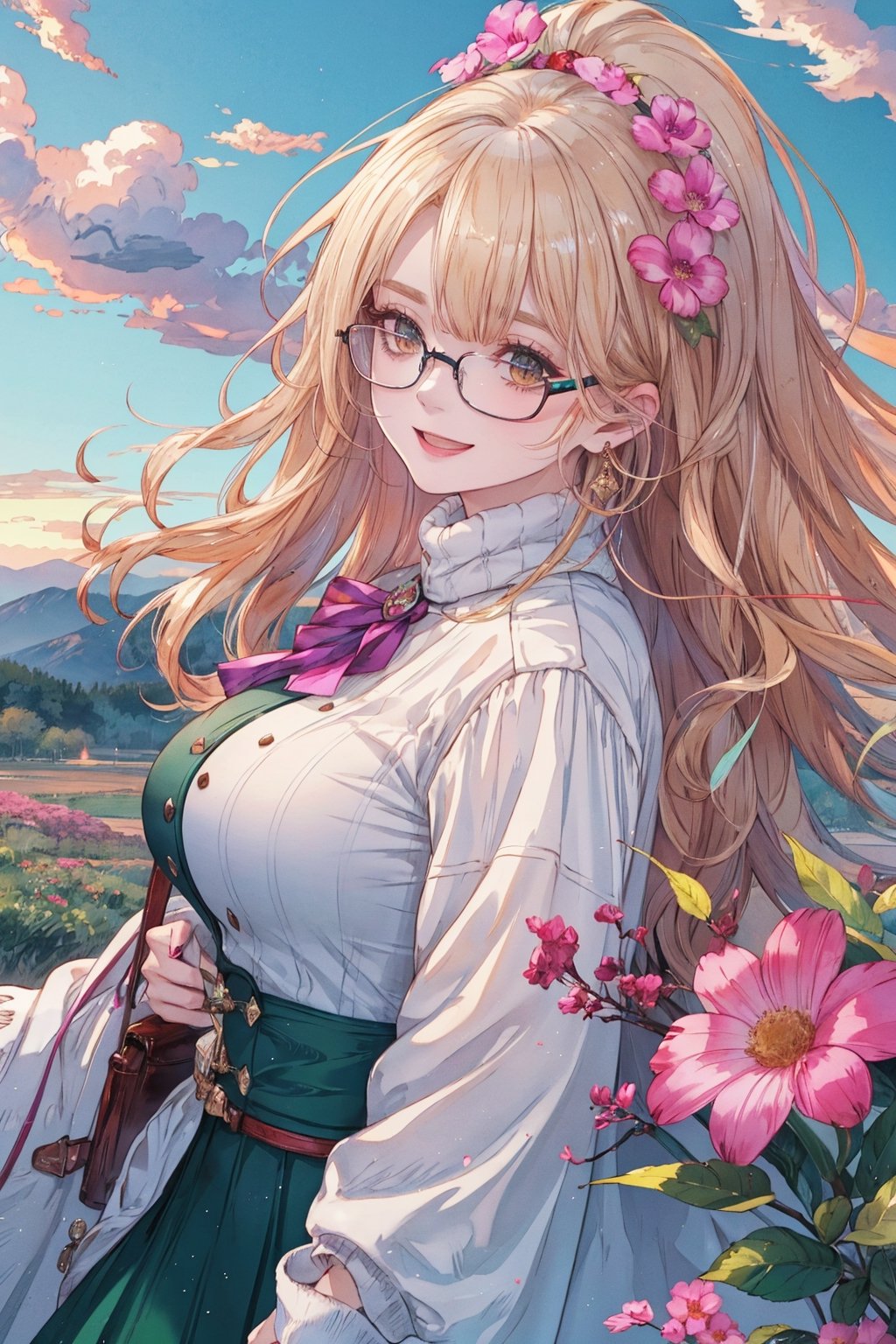 8k, (absurdres, highres, ultra detailed), (1lady:1.3), (((blond_green_long_hair))), ultra resolution image, kawaii, mystery, aesthetic:1.2, colorful, dynamic angle, highest detailed face), big glasses, black rimmed glasses, happy smile, (wearing a pink oversized_sweater:1.2), pleated skirt, sunset, fall colors, beautiful trees, nature, flowers, windy, hair flowing in the wind, sun shinning through hair, high contrast, (official art, extreme detailed, highest detailed, natural skin texture, hyperrealism, soft light, sharp, perfect face), golden dawn, :d, Big boobs1:3. (((Smoky makeup))), curvy, ,midjourney