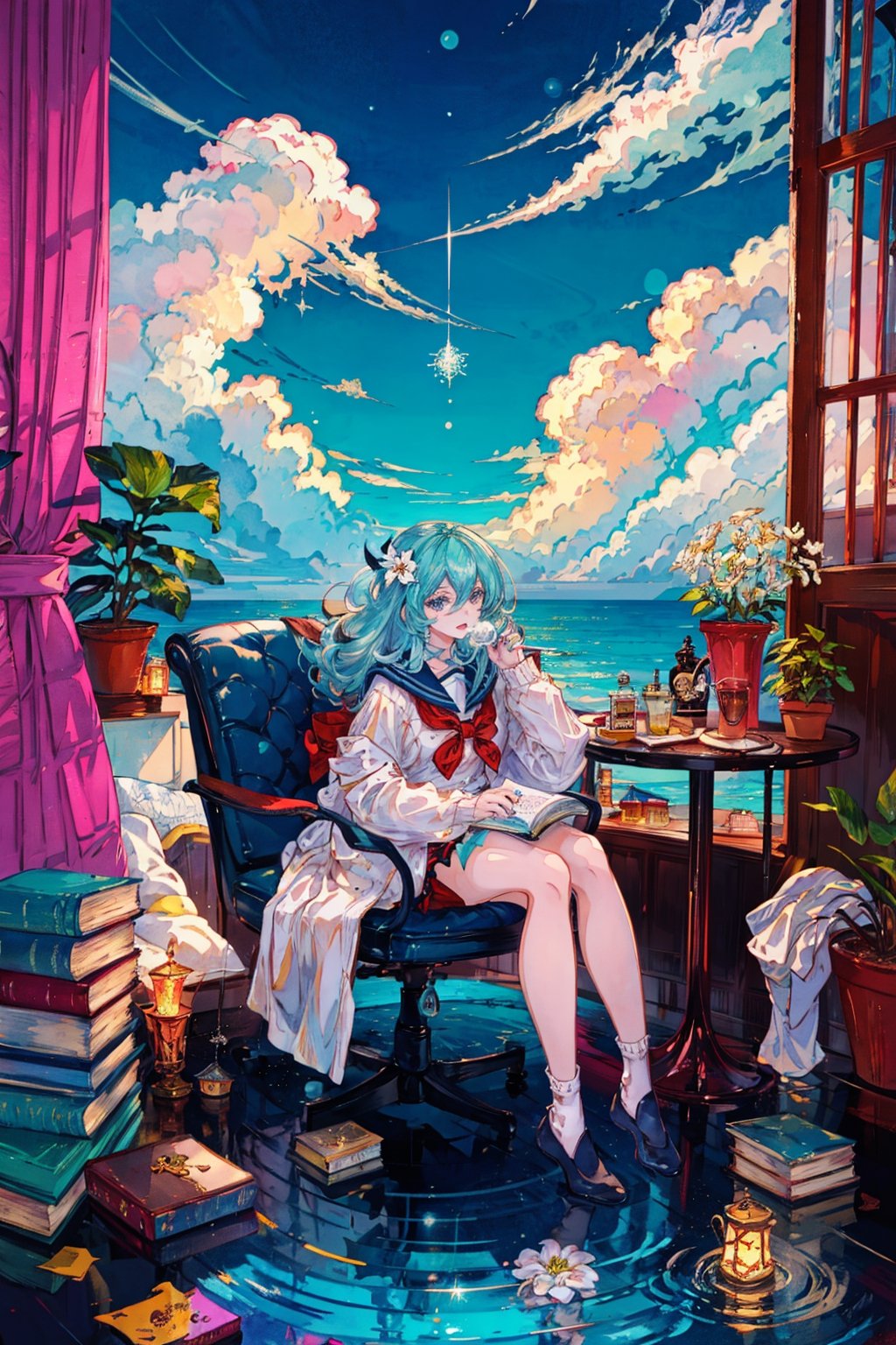 1girl, solo, long hair, looking at viewer, bangs, blue eyes, skirt, shirt, hair ornament, long sleeves, dress, bow, hair between eyes, sitting, white shirt, flower, pleated skirt, frills, parted lips, sky, shoes, day, socks, belt, cloud, indoors, bowtie, sailor collar, water, cup, blue sky, book, bare legs, window, aqua hair, black bow, ocean, chair, table, white skirt, plant, white flower, curtains, white socks, open book, horizon, bookshelf, potted plant, lamp, book stack, vase