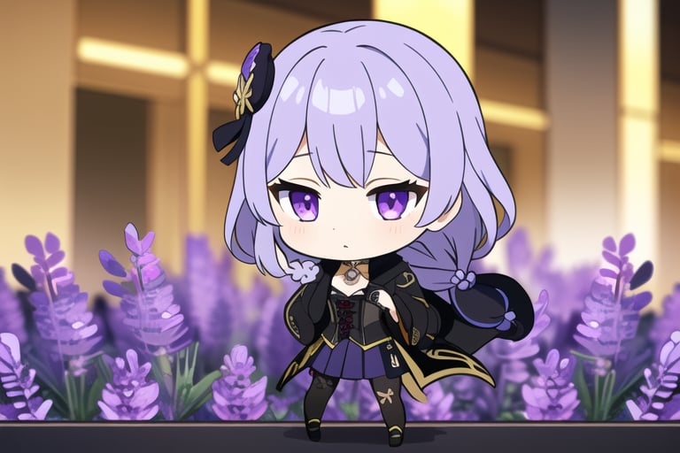 masterpiece, best quality, volumetric lighting, dynamic pose, ( intricately detailed face, perfect eyes, 1girl, solo, single_long_braid, lavender hair, black_corset, long_black_coat, purple_eyes, skirt, gemstone_in chest,large breats,full body,genshin chibi emote 