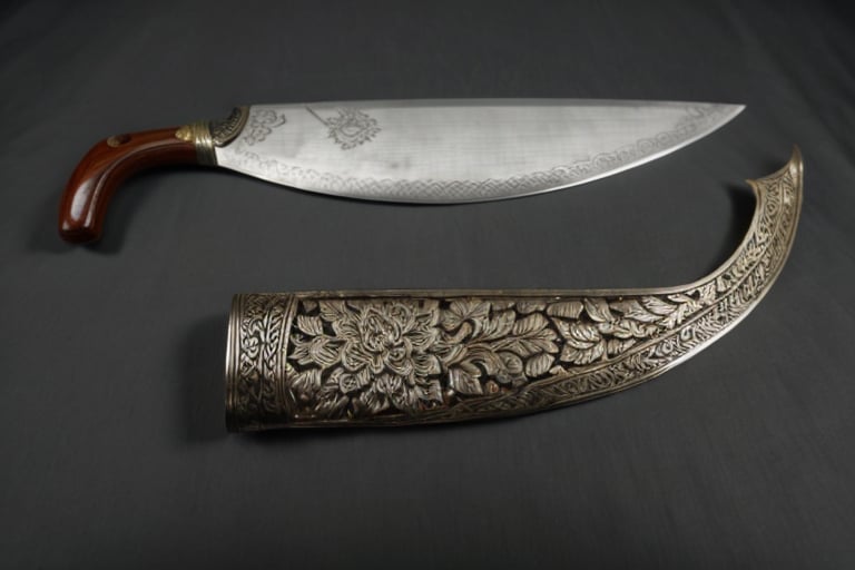 The blade of the barong sword is typically curved and single-edged. It is usually about 2 feet long and 2 inches wide at the widest point. The blade is often sharpened on both sides, but it can also be sharpened on just one side. The blade is made of steel or iron, and it is often decorated with filigree or other designs. The handle of the barong sword is made of wood or ivory. It is often wrapped in leather or cloth. The handle is about 10 inches long and 2 inches wide. It has a grip that is comfortable to hold, and it is often decorated with intricate carvings.