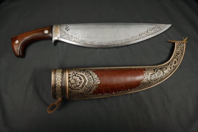 The blade of the barong sword is typically curved and single-edged. It is usually about 2 feet long and 2 inches wide at the widest point. The blade is often sharpened on both sides, but it can also be sharpened on just one side. The blade is made of steel or iron, and it is often decorated with filigree or other designs. The handle of the barong sword is made of wood or ivory. It is often wrapped in leather or cloth. The handle is about 10 inches long and 2 inches wide. It has a grip that is comfortable to hold, and it is often decorated with intricate carvings.