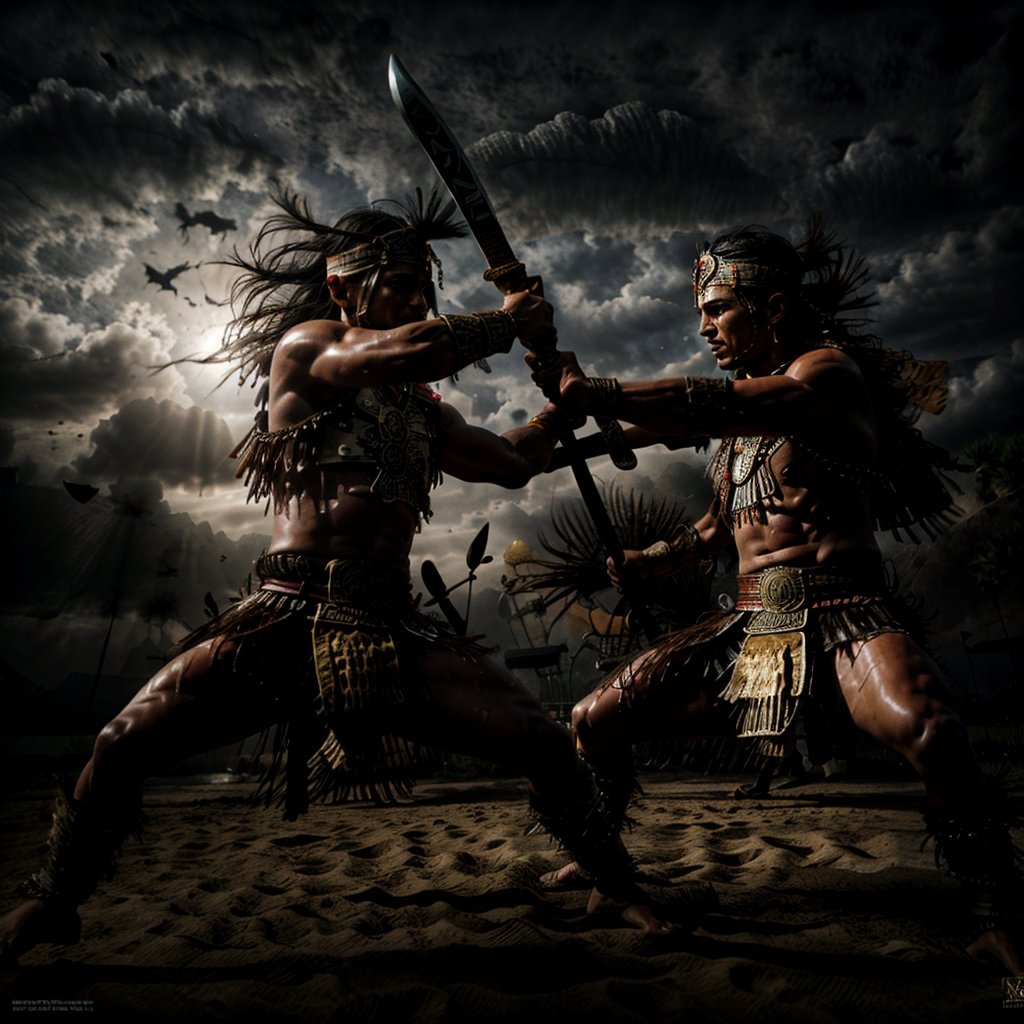 A hyper realistic portrayal of Mactan warriors from the Philippines locked in a fierce battle on a sunlit beach shore. The warriors wield an assortment of weaponry, including spears, bows, swords, and daggers. Their attire displays intricate details of their cultural heritage, adorned with vibrant patterns. They engage in combat with Spanish soldiers, who hold swords and shields. The clash between the two groups is depicted with intense realism, capturing every muscle strain and weapon impact. The sun casts long shadows, emphasizing the dynamic movement of the fighters. The sand beneath their feet is kicked up in the heat of battle, creating a chaotic yet captivating scene. The scene exudes an atmosphere of historical conflict and cultural pride, with the warriors' determination palpable in their expressions. This scene is realized in a hyper-realistic digital painting style, utilizing advanced rendering techniques to bring out the textures and emotions of each character.,sexypirate,perfecteyes