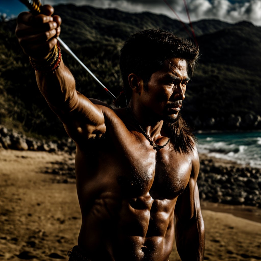  A hyper realistic portrayal of a Mactan warrior drawing back a bowstring with focused intent, preparing to release an arrow aimed at a group of Spanish soldiers on a beach, perfecteyes