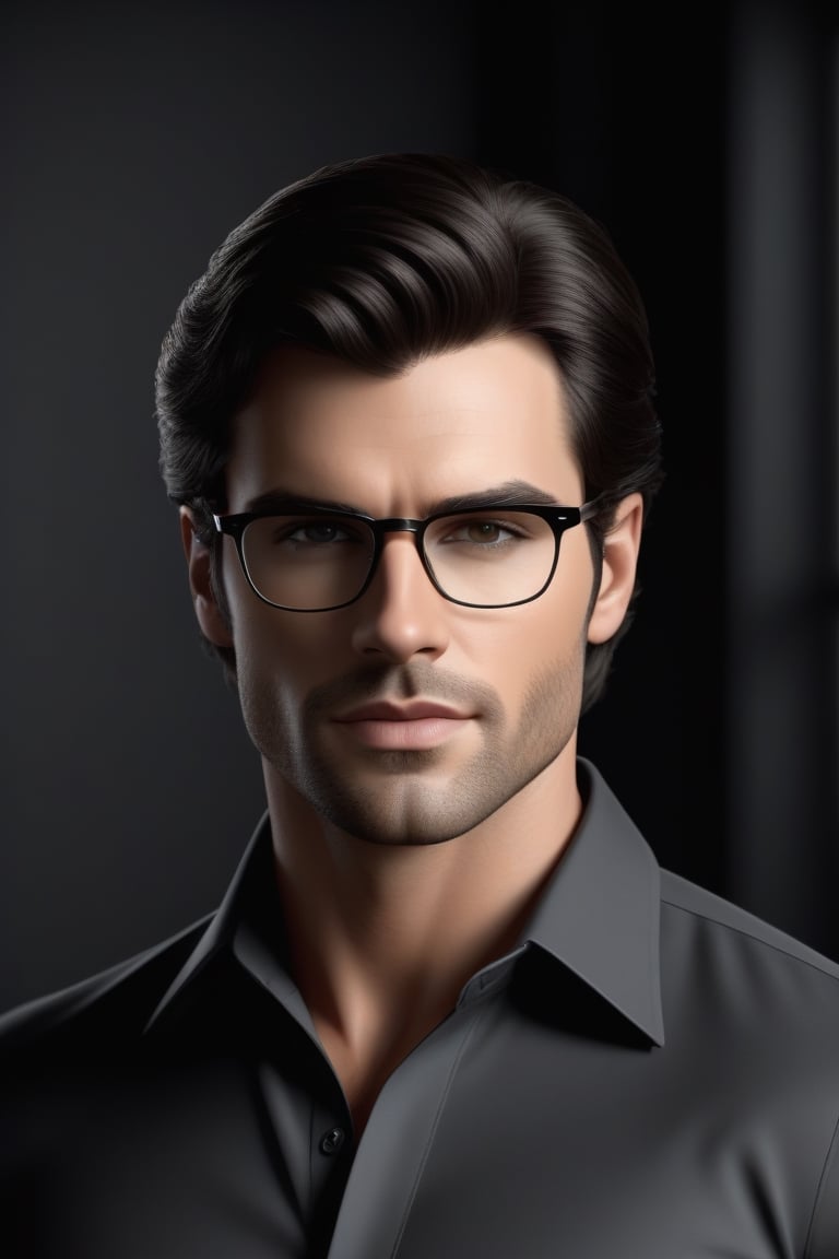 midjourny-v4 style, handsome man, rimmed eyeglasses, stubble face, black hair, medium length hair, gray eyes, black dress shirt, black pants, smouldering eyes, exquisite facial features, tall, gorgeous, strong jawline, photorealistic, realistic, seductive, realistic eyes, full body portrait, highly-detailed, dark room with candles, RAW photo, 8k uhd