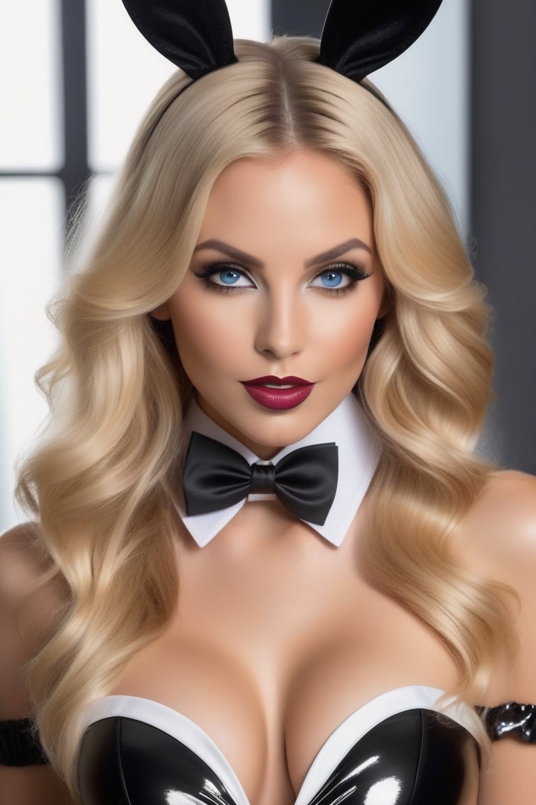 Realistic, beautiful woman, wavy blonde hair, long-hair, black Playboy bunny costume and ears, strapless bodysuit, blue eyes, white collar and a black bow tie, white cuffs, full body, nude lips, smoldering eyes, full body portrait, highly-detailed, perfect face, RAW photo, gorgeous, 8k uhd, RAW photo