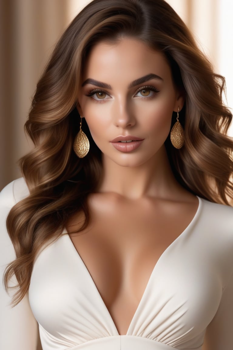 midjourny-v4 style, beautiful young woman, wavy hair, brown hair, long hair, brown eyes, smoldering eyes, long sleeve ruched mini dress, white dress, photorealistic, big round breasts, seductive, skinny, full body, gold round earrings, luscious lips, nude lipstick, realistic eyes, RAW photo, 8K UHD