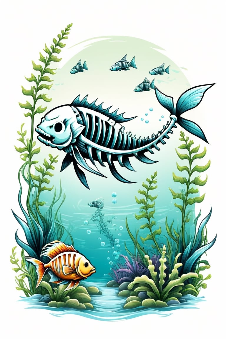 T-Shirt design: A realistic Cartoonish digital art of a (fish skeleton), in the isolate background aquatic plants and pirate Ship, the fish with thick strokes and Vector type design with great shadows that contrast with the pale colors of the scene, ((6 colors t shirt design)), detailed illustration, ((isolate solid white background)),Text,T shirt design