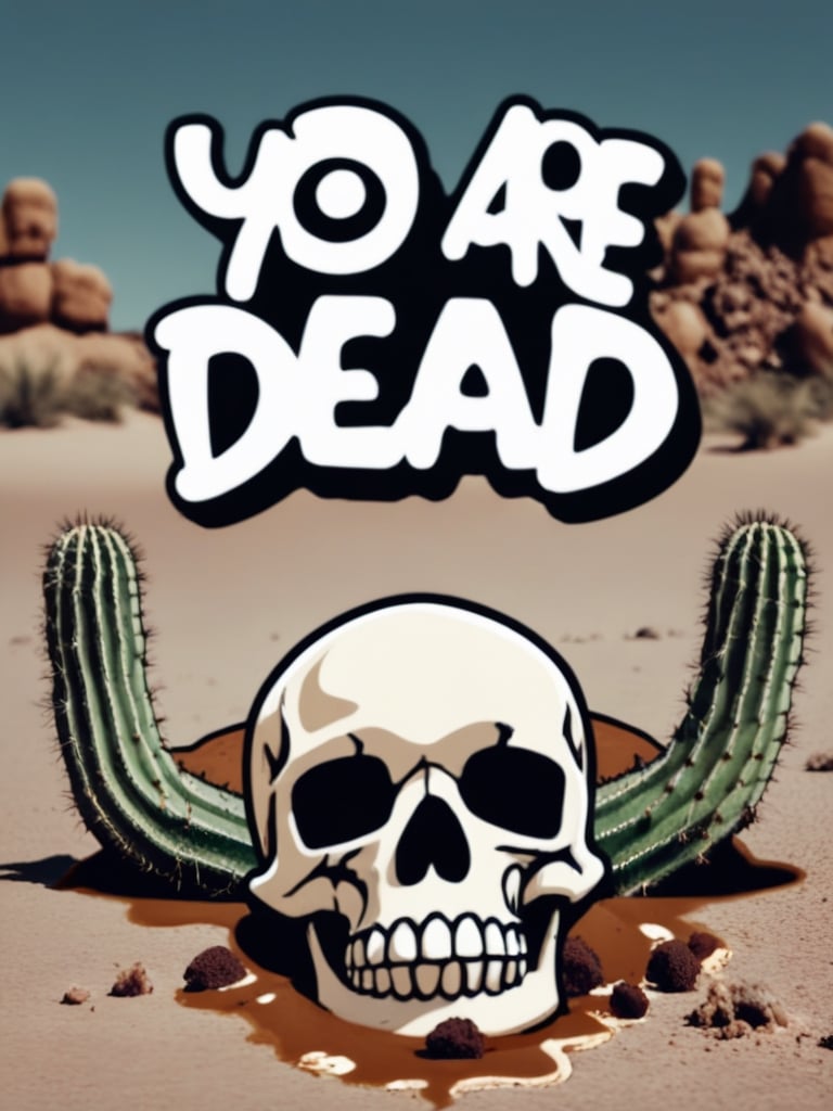 (("you are dead" text logo)), dead man laying down on a dessert, skull closeup, best quality, cactuses