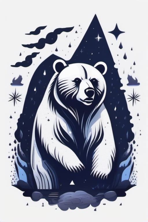 A haunting scene of a bear surrounded by lunar symbols, obscured in darkness, mystical, secrecy, rain of meteors, isolated on white background, monochromatic dark hues, detailed flat 2d illustration, minimalistic lighting, contour, HDR, 8K
