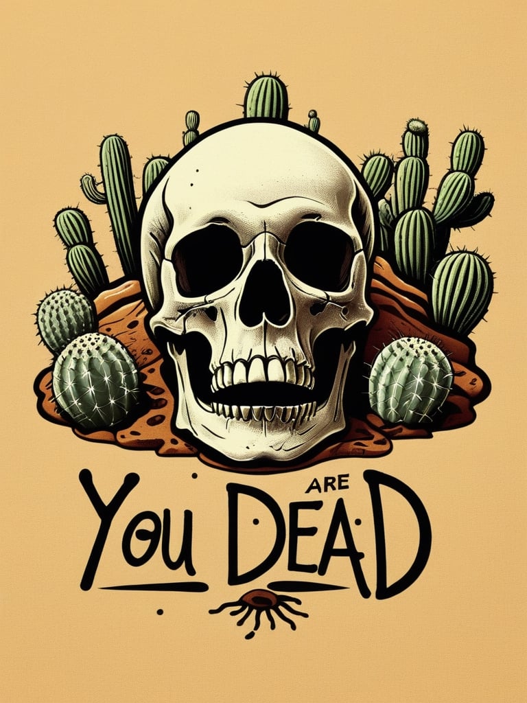(("you are dead" text logo)), dead man laying down on a dessert, skull closeup, best quality, cactuses