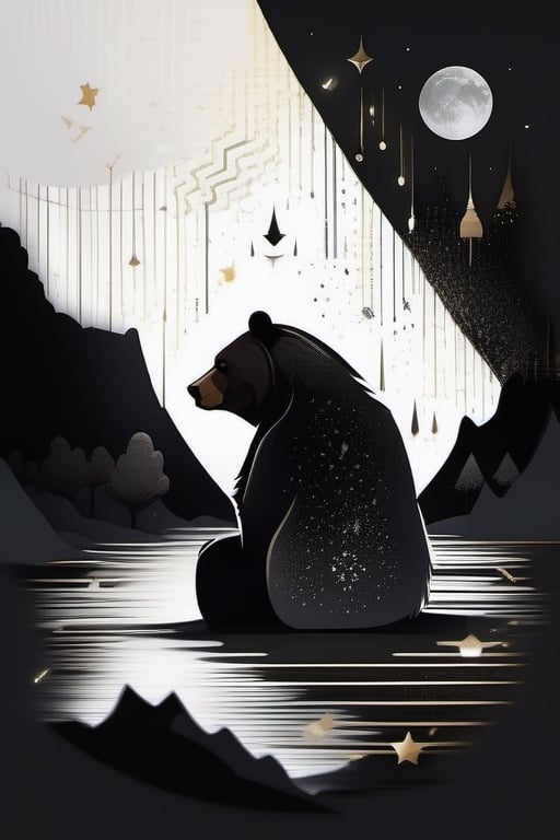 A haunting scene of a bear surrounded by lunar symbols, obscured in darkness, mystical, secrecy, rain of meteors, isolated on white background, monochromatic dark hues, detailed flat 2d illustration, minimalistic lighting, contour, HDR, 8K