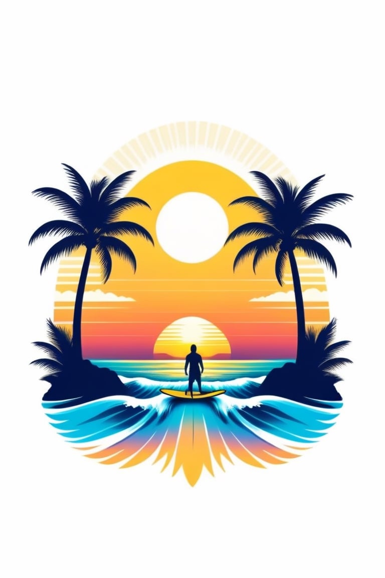 a sunset over the ocean with a surfboard silhouette in the foreground, ((6 colors t shirt design)), ((isolated design in solid white background)),Leonardo Style,T shirt design,TshirtDesignAF