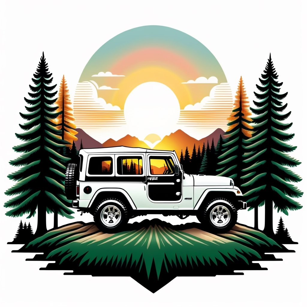 a combination of a vintage and modern design. The image features a white Jeep,  which is the main subject,  surrounded by a natural setting with trees in the background. The design is visually appealing,  with the Jeep being the focal point,  and the trees and sunset in the background adding a touch of nature and warmth to the scene, ((isolated design in solid white background)),Leonardo Style,T shirt design