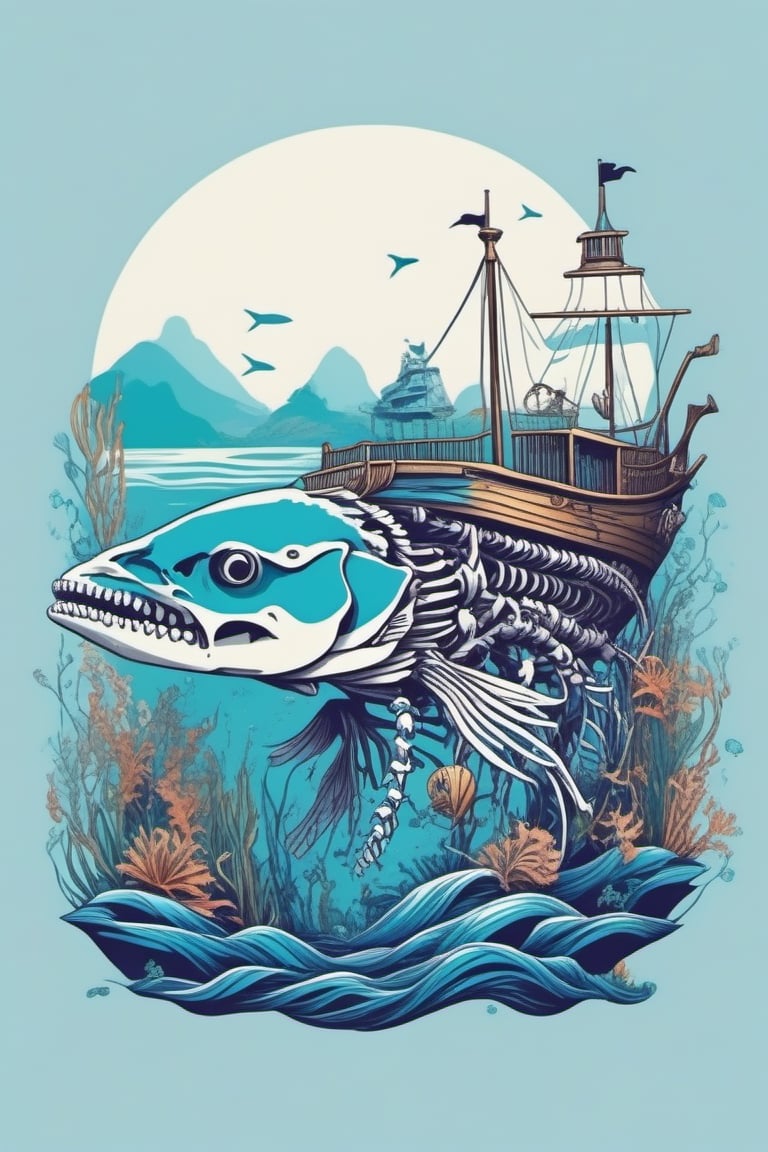 T-Shirt design: A realistic Cartoonish digital art of a (fish skeleton), in the isolate background aquatic plants and pirate Ship, the fish with thick strokes and Vector type design with great shadows that contrast with the pale colors of the scene, ((6 colors t shirt design)), detailed illustration, ((isolate solid white background)), 4K, --v 5.1, (aspect ratio 2:3), no t-shirt mockup