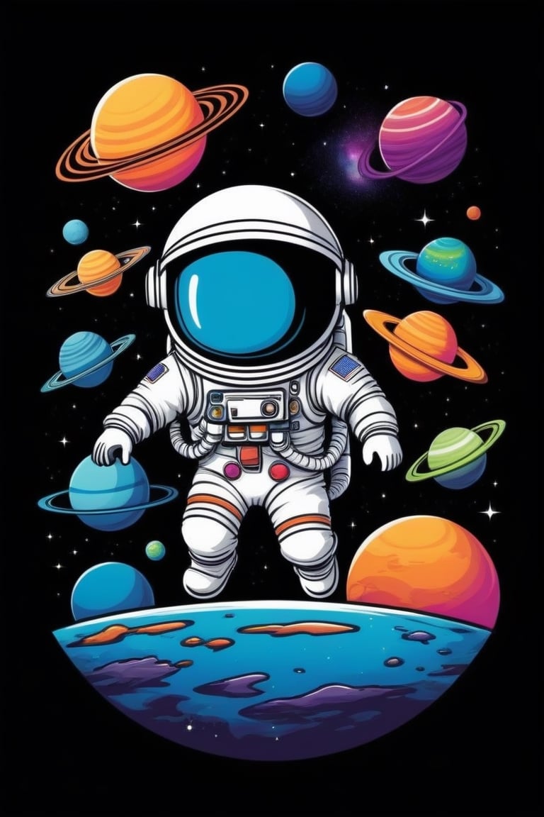 Create a t-shirt design that combines space exploration with a touch of whimsy. Think about astronauts riding on the backs of friendly alien creatures or floating among colorful planets.