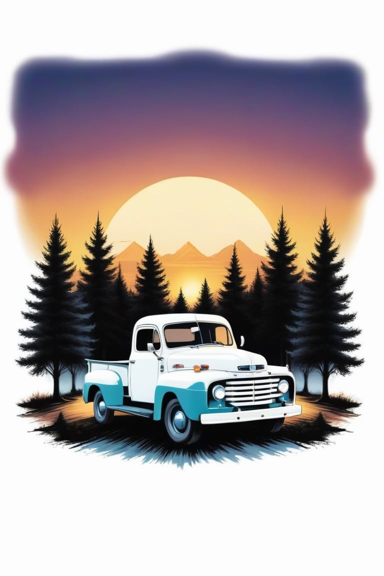 a vintage style, with a focus on the contrast between the white truck and the dark trees. The sunset in the background adds a touch of warmth and tranquility to the scene. The composition of the image, with the truck in the center and the trees on both sides, creates a sense of balance and harmony, ((6 colors t shirt design)), ((isolated design in solid white background)),Leonardo Style,T shirt design,TshirtDesignAF