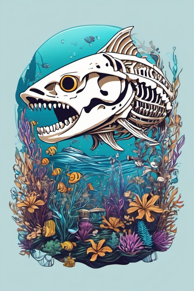 T-Shirt design: A realistic Cartoonish digital art of a (fish skeleton), in the isolate background aquatic plants and pirate Ship, the fish with thick strokes and Vector type design with great shadows that contrast with the pale colors of the scene, ((6 colors t shirt design)), detailed illustration, ((isolate solid white background)), 4K, --v 5.1, (aspect ratio 2:3), no t-shirt mockup