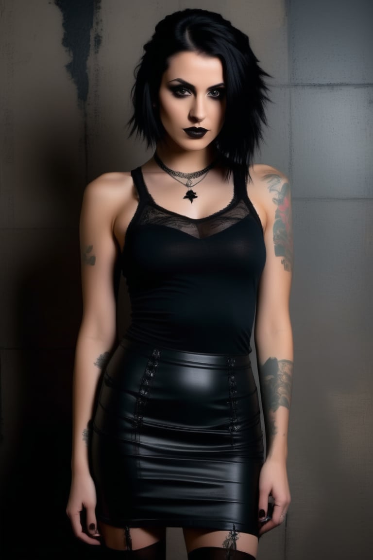 A moody studio setting bathes in warm lighting with subtle grain and texture, highlighting the goth woman's porcelain skin and raven hair against a distressed concrete wall. Her piercing eyes lock onto the camera, expression enigmatic, as she confidently stands before the dark backdrop. The tight tank top showcases her physique, emphasizing her navel piercing. A diagonal line formed by her body guides the viewer's gaze to her captivating expression, while the short pencil skirt and black stockings add a touch of sophistication.