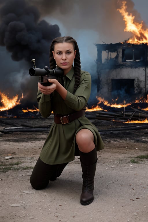 A determined Soviet sniper, early twenties, fair skin, dark braids framing expressive eyes, serious expression. Olive-green tunic with red star emblem, loose fit, wide leather belt accentuating waistline. Matching skirt, sturdy boots. Kneeling, aiming through rifle scope, focused expression. Natural background: burning town.