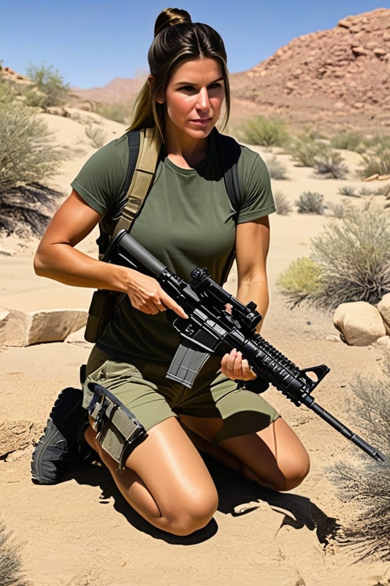 Jill, is kneeling on the ground in an outdoor desert environment, (((aiming an assault rifle at a target:1.4))). She has long hair tied back in a ponytail and is wearing a green army  t-shirt and green tactical army pants, secured with a belt. Her brown combat boots are firmly planted on the ground, indicating a stable shooting position. The backdrop features a sandy, rocky terrain, emphasizing the rugged setting. She appears focused, engaged in a training.,(((photorealism:1.4))),(((perfect hands:1.4)))