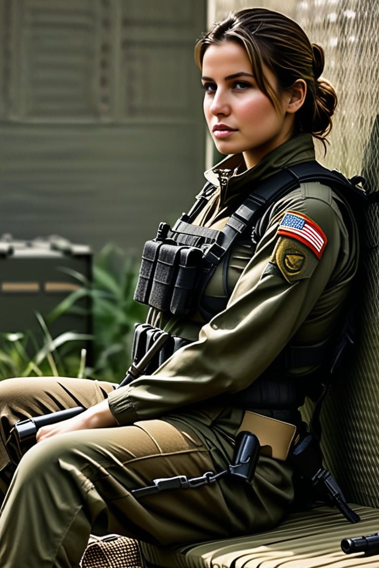 A woman is seated on a makeshift bed, appearing to be in a break area or resting spot. She is dressed in military fatigues, with her pants partially rolled up to reveal camouflaged knee pads. She wears sturdy brown combat boots. In her hands, she holds a rifle casually, with the strap draped over her shoulder. Her expression is thoughtful, with one hand resting under her chin. Around her, there are a few items including a tool, backpack.,(((photorealism:1.4))),(((perfect hands:1.4)))