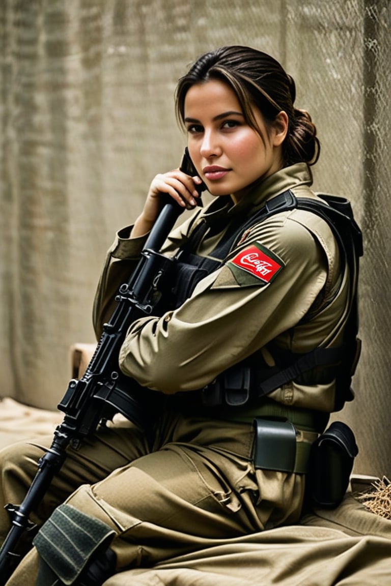 A woman is seated on a makeshift bed, appearing to be in a break area or resting spot. She is dressed in military fatigues, with her pants partially rolled up to reveal camouflaged knee pads. She wears sturdy brown combat boots. In her hands, she holds a rifle casually, with the strap draped over her shoulder. Her expression is thoughtful, with one hand resting under her chin. Around her, there are a few items including a tool and a can of Coca-Cola, indicating a moment of downtime.,(((photorealism:1.4))),(((perfect hands:1.4)))