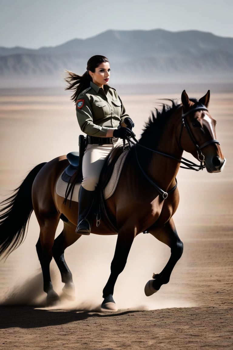 A woman astride a majestic horse, standing outdoors on a vast dirt range, practices shooting while facing away from the camera. Her long brown hair tied back in a ponytail and khaki army attire with black text on the back of her shirt and gray tactical pants with a black belt featuring a carabiner, exude a sense of military discipline. The focus is sharply trained on her posterior as she holds the pistol, aiming at a target in the distance. Her hands are perfectly positioned, steady and firm, as if she's been doing this for years. The photorealistic detail captures every texture, from the horse's coat to the officer's tactical gear.  (((photorealism:1.4))), Nikon D5, 85mm, Insanely detailed and intricate
Super detailed
Hyperrealistic
National Geographic