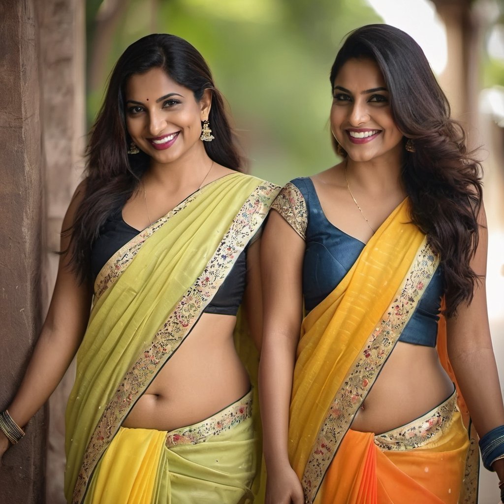 full body photo of 2 Indian women, princesses, 28 years old, dressed in sexy sarees, sexy and naughty smile, flirting at the camera. flat matte background, RAW photo, 8k uhd, dslr, soft lighting, high quality, film grain, Fujifilm XT3,Sexy Saree