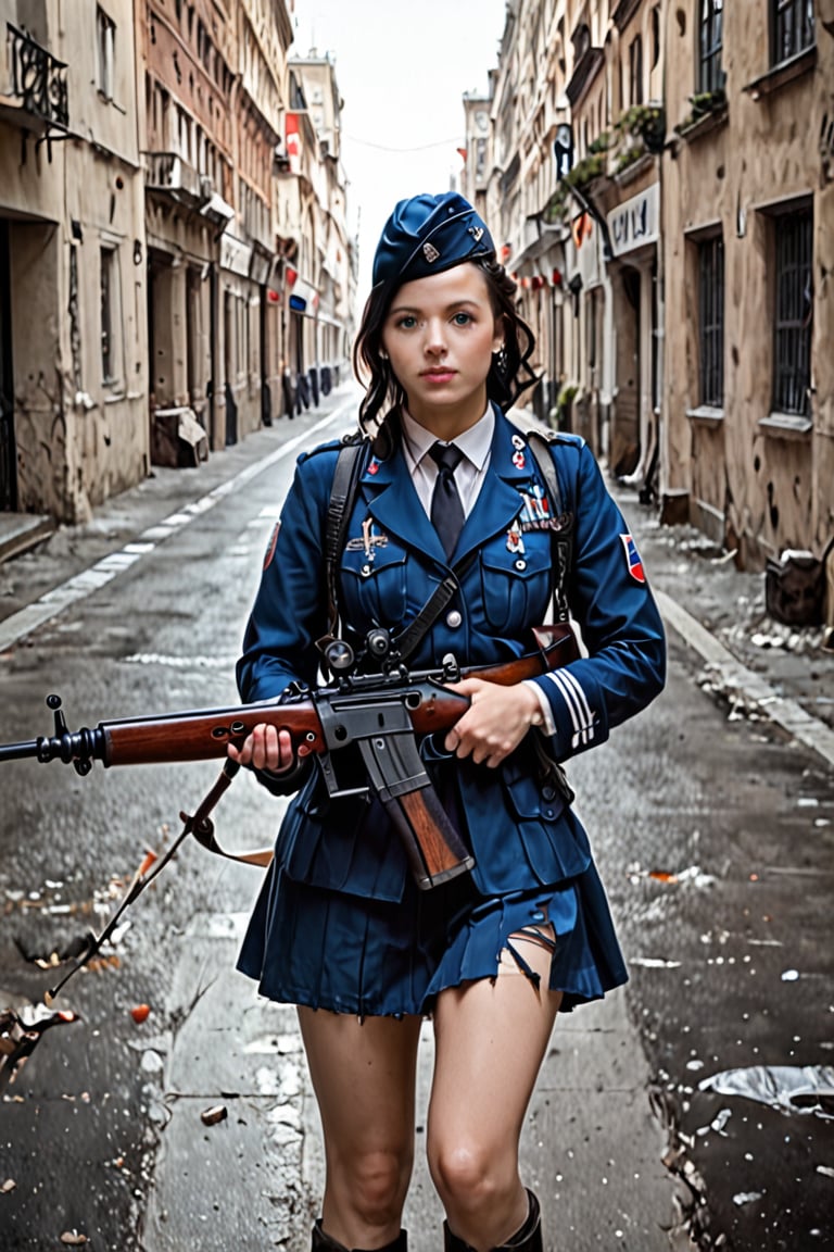 1girl, solo, black hair, wearing a torn military uniform and garrison cap, holding (((an authentic bolt action sniper rifle))), with a star symbol and hammer and sickle, Soviet soldier, World War II, grinning, lifelike expression, ultra-realistic, 8k resolution, highly detailed, sharp features, clear skin texture, detailed eyes, natural lighting, perfect symmetry, running through a destroyed city, carrying her weapon, her skirt almost ripped apart, (((photorealism:1.4))), (((ultra-realistic:1.4)))
